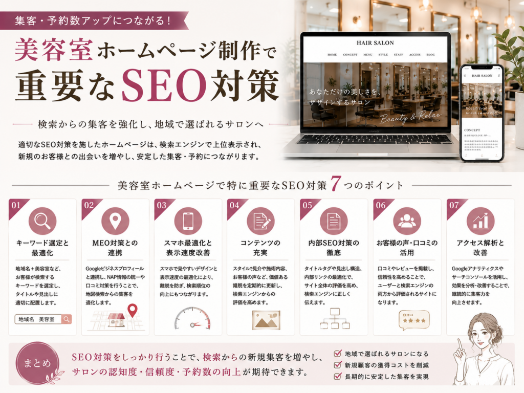 美容室ホームページ制作で重要なSEO対策を解説｜検索順位アップと集客につながるホームページ運用のポイント