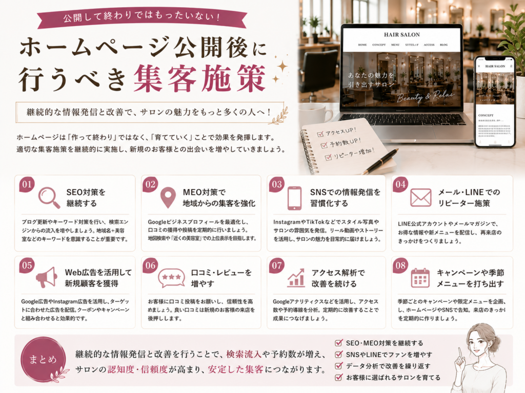 ホームページ公開後に行うべき集客施策を解説｜美容室ホームページ制作後のSEO・MEO・SNS運用のポイント