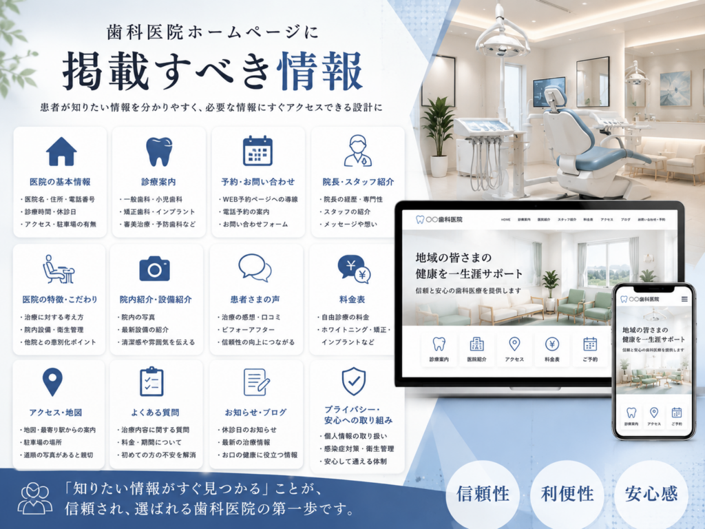 歯科医院ホームページに掲載すべき情報|診療案内・料金・院長紹介・アクセス・予約などの掲載項目
