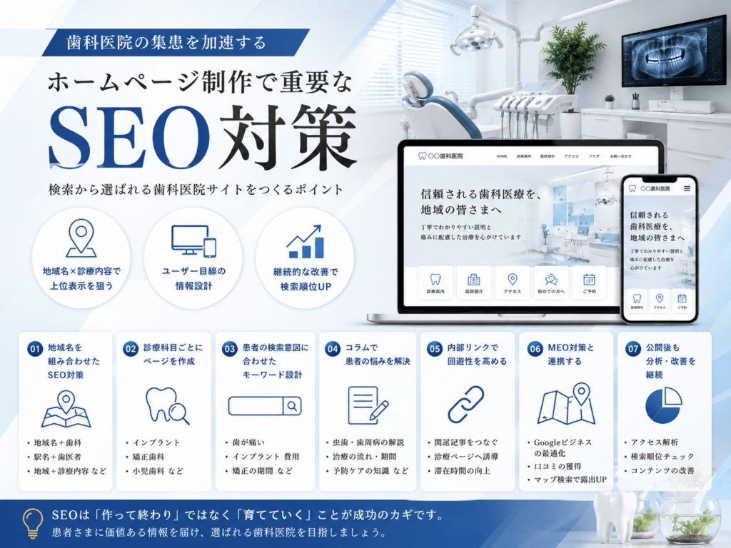 歯科医院ホームページ制作で重要なSEO対策|地域SEO・診療科目別ページ・内部リンク・MEO対策を解説