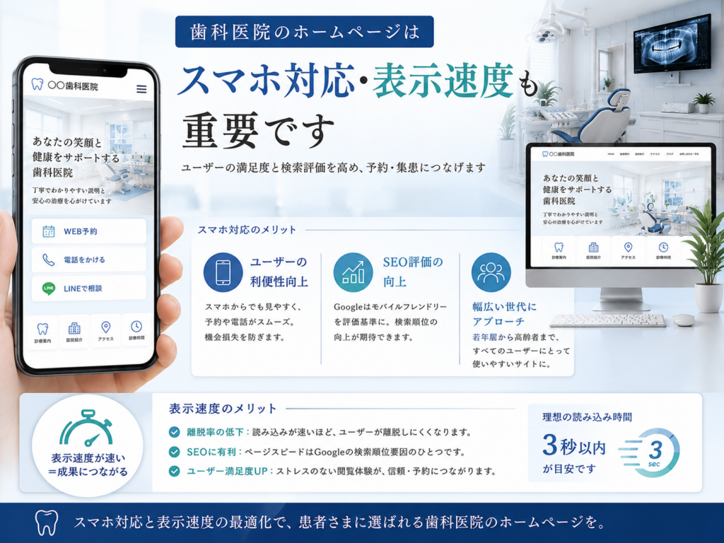 歯科医院ホームページのスマホ対応と表示速度|使いやすさやSEOを意識したサイト制作のポイント