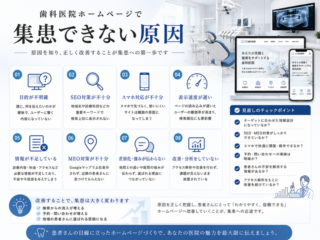 歯科医院ホームページで集患できない原因|SEO・MEO・スマホ対応・予約導線などの改善ポイント