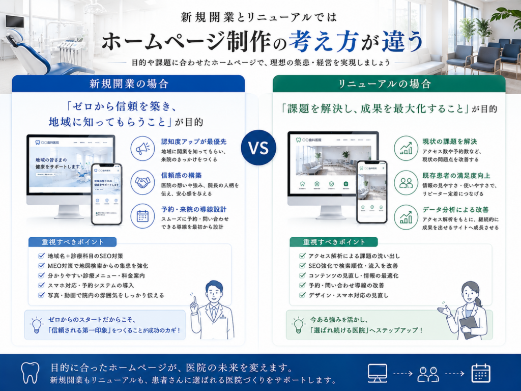 歯科医院ホームページ制作における新規開業とリニューアルの違い|目的や集患施策のポイントを比較