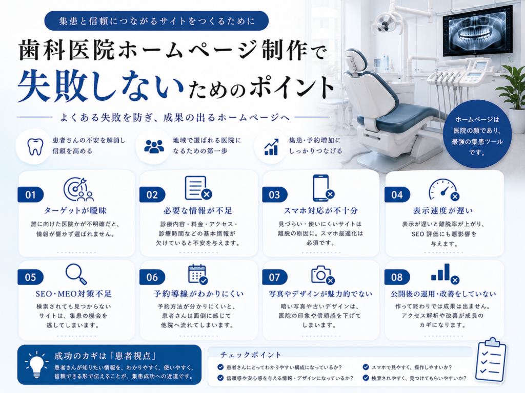 歯科医院ホームページ制作で失敗しないためのポイント|SEO・スマホ対応・予約導線・公開後の運用を解説