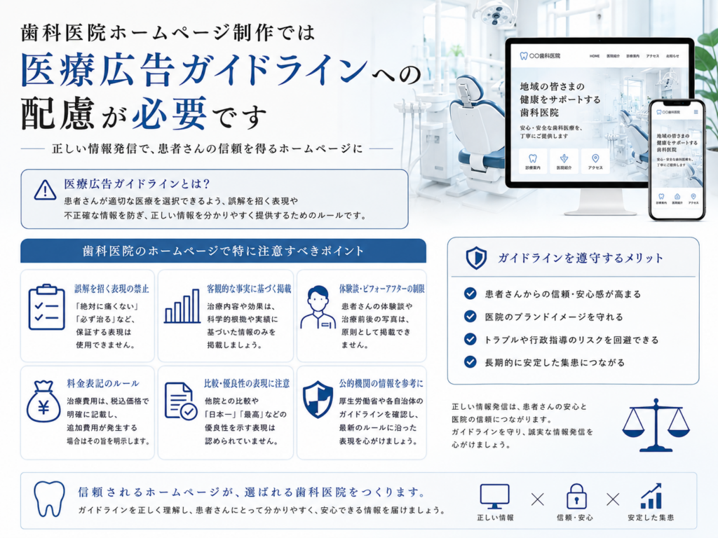 歯科医院ホームページ制作で必要な医療広告ガイドラインへの配慮|症例・料金・広告表現の注意点を解説
