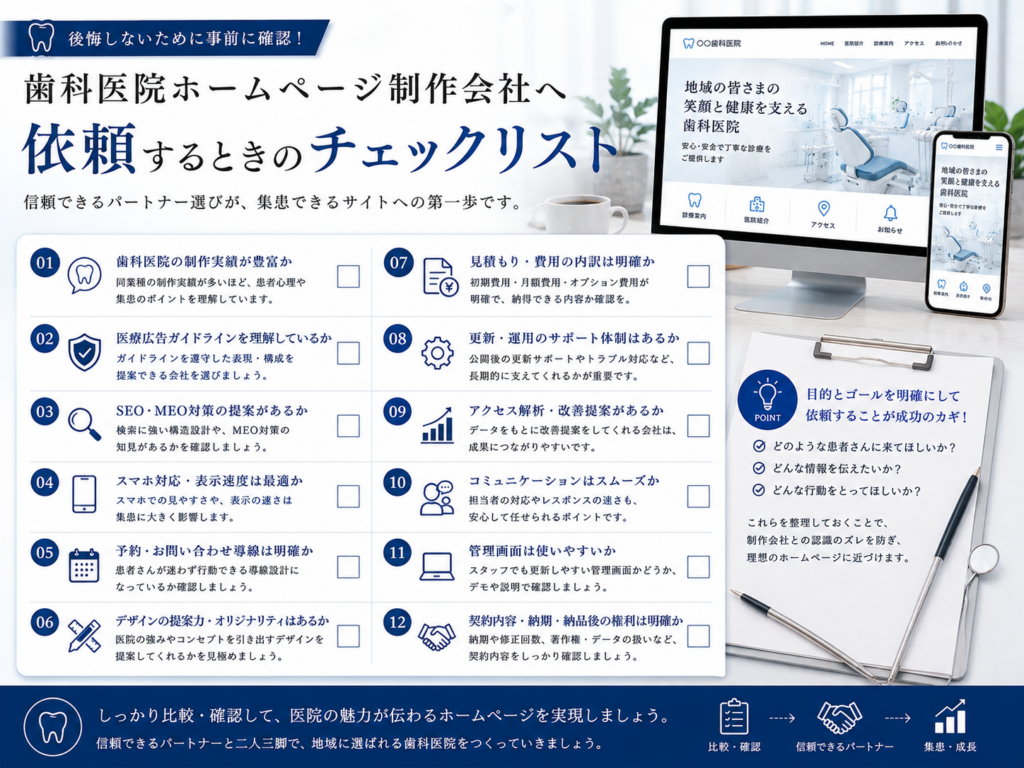 歯科医院ホームページ制作会社へ依頼するときのチェックリスト|費用・SEO・予約導線・運用サポートなどの確認項目