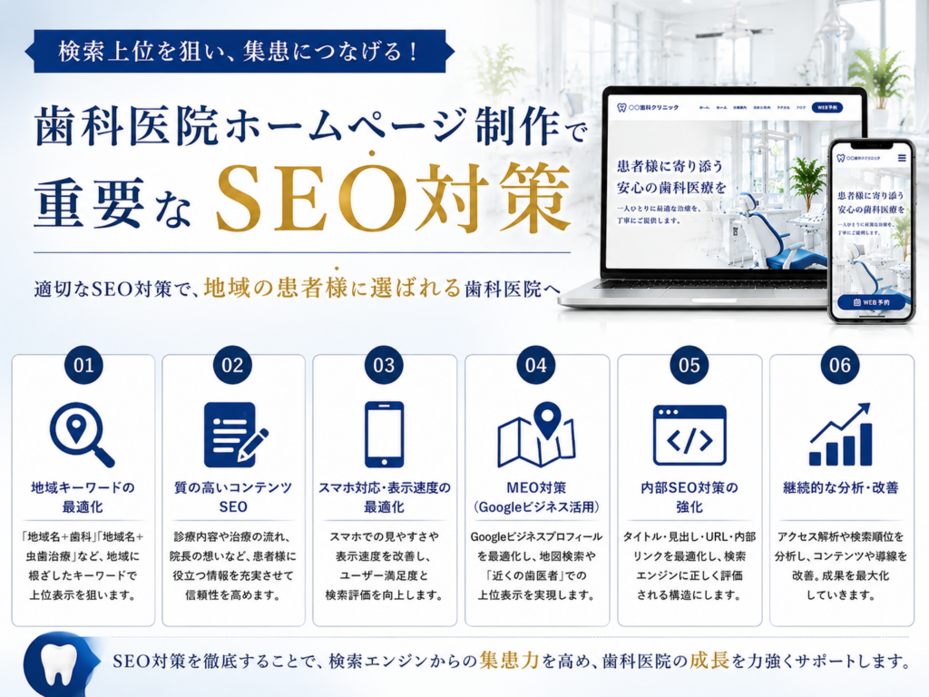 歯科医院ホームページ制作のSEO対策｜地域SEO・MEO・内部SEO・表示速度改善を解説