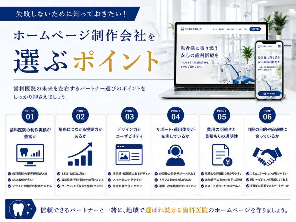 歯科医院ホームページ制作会社を選ぶポイント｜実績・SEO対策・サポート体制・費用を比較