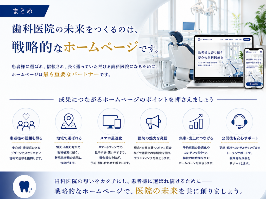 歯科医院ホームページ制作のまとめ｜SEO対策・集患・採用・ブランディングを成功させるポイントを解説