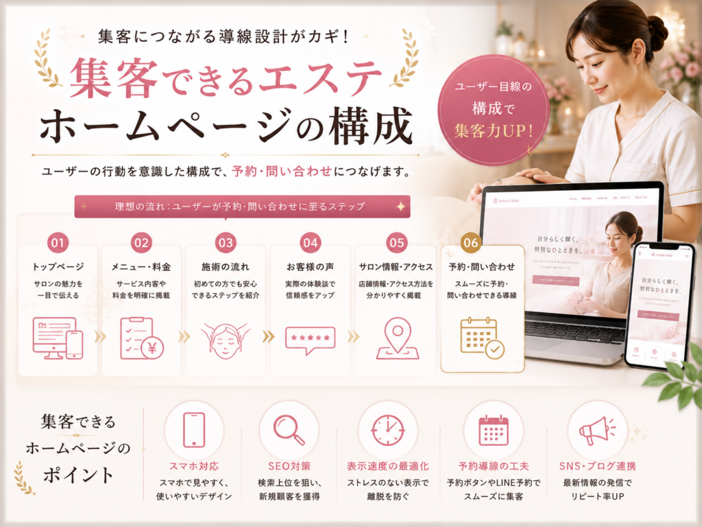 集客できるエステホームページの構成を解説したイメージ画像|エステホームページ制作・SEO対策・予約導線設計