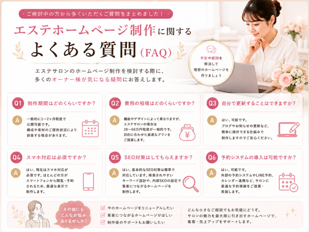 エステホームページ制作のFAQ|費用・SEO対策・制作期間・予約システムに関するよくある質問を解説