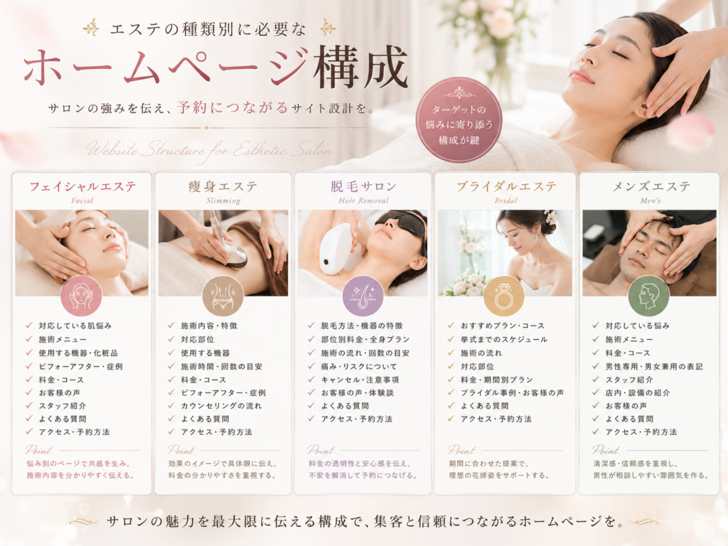 エステの種類別に必要なホームページ構成|フェイシャル・痩身・脱毛・ブライダル・メンズエステ
