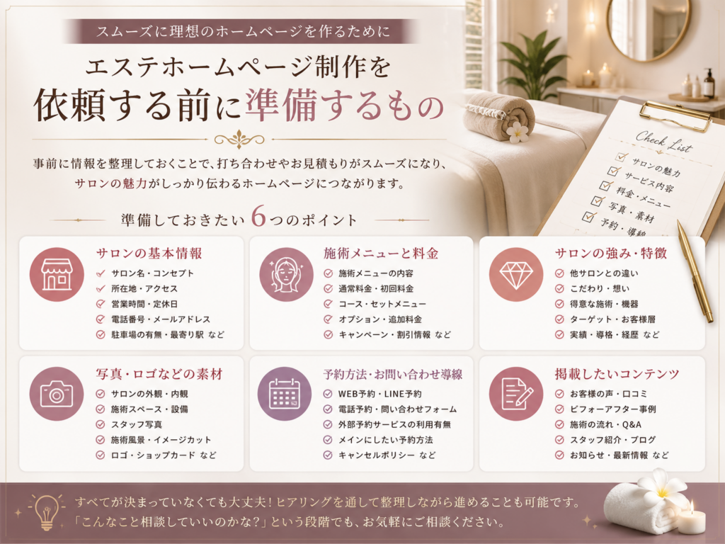 エステホームページ制作を依頼する前に準備するもの|サロン情報・施術メニュー・料金・写真・予約方法