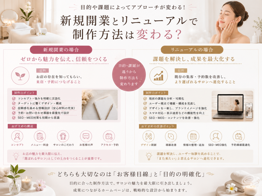エステホームページ制作の新規開業とリニューアルの違い|目的や課題に合わせた制作・改善ポイント
