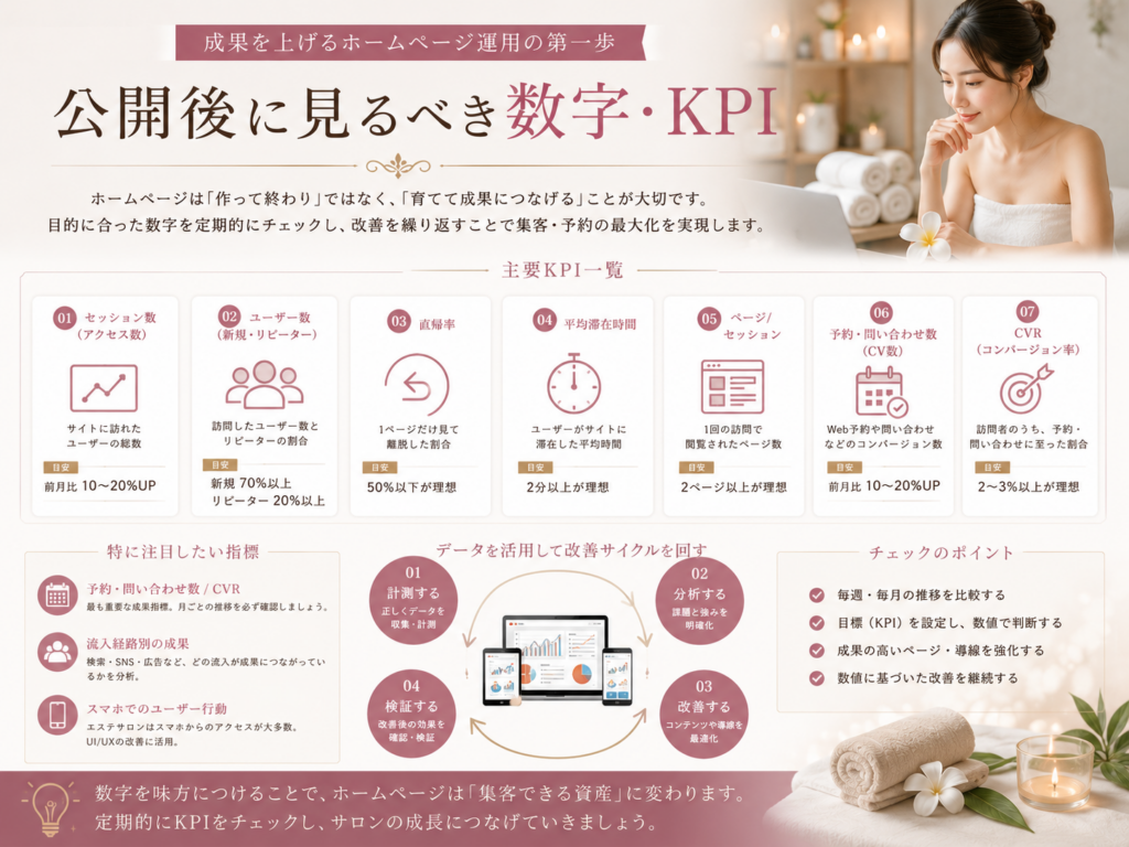 エステホームページ公開後に見るべき数字・KPI|アクセス数・予約数・問い合わせ数・CVRを確認