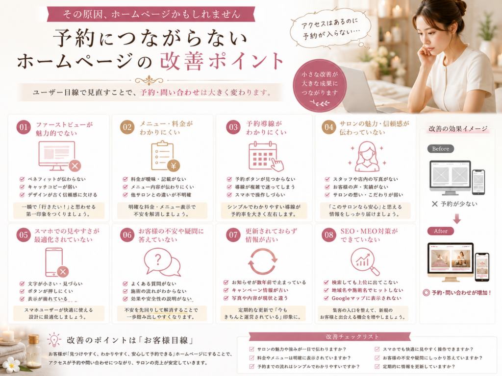 予約につながらないエステホームページの改善ポイント|料金・予約導線・スマホ対応・SEO・MEOを見直す