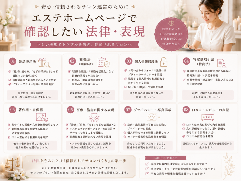 エステホームページで確認したい法律・表現|景品表示法・薬機法・個人情報・口コミなどの注意点