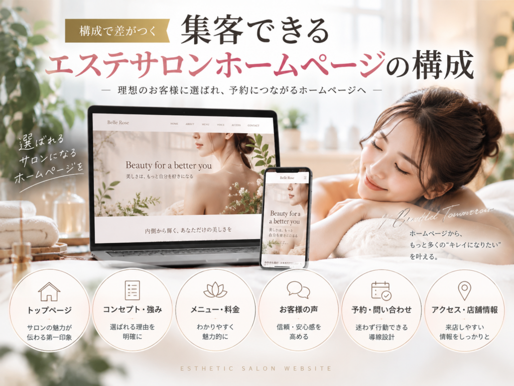 集客できるエステサロンホームページの構成|メニュー・料金・お客様の声・予約導線・アクセス情報