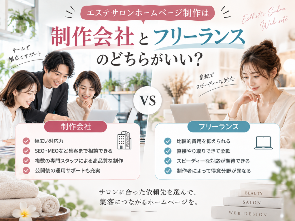 エステサロンホームページ制作は制作会社とフリーランスのどちらがいい?費用・対応範囲・集客支援を比較