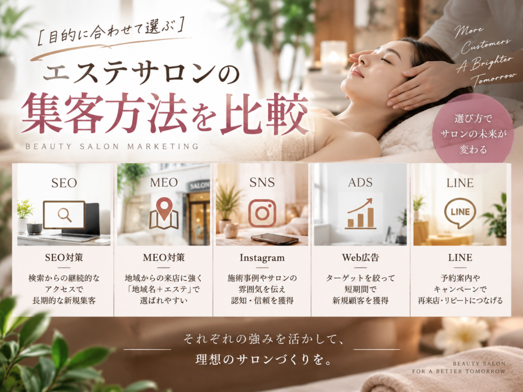 エステサロンの集客方法を比較｜SEO・MEO・Instagram・Web広告・LINE
