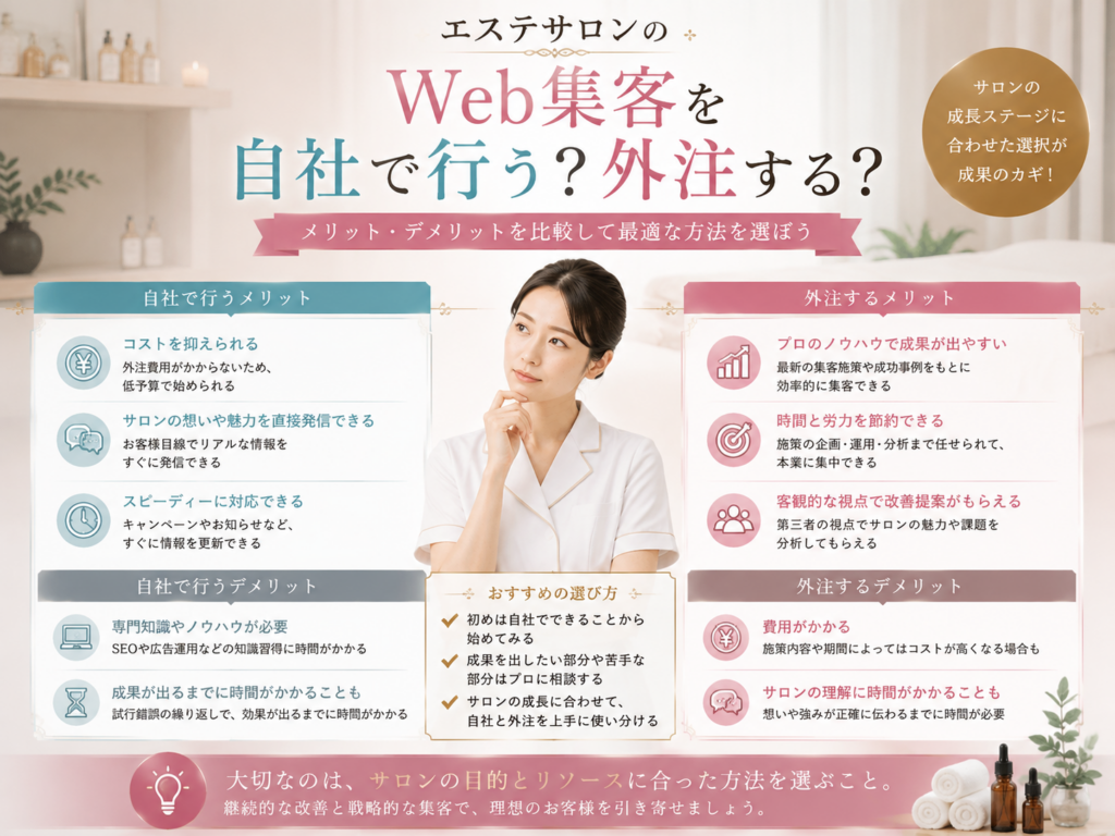 エステサロンのWeb集客を自社運用と外注で比較したメリット・デメリット
