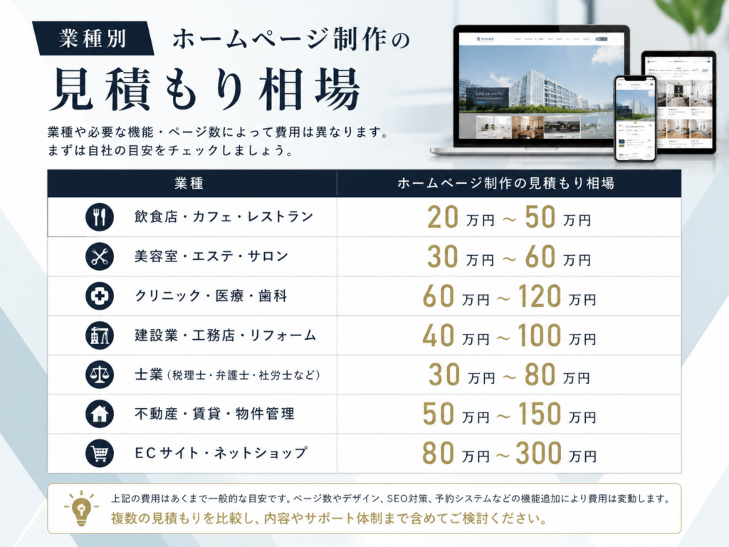 業種別ホームページ制作の見積もり相場｜業界ごとの制作費用・料金目安を比較した一覧表