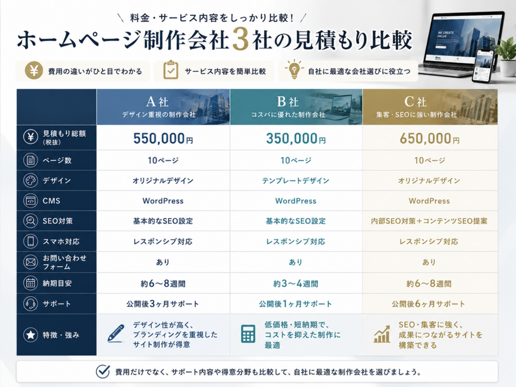 ホームページ制作会社3社の見積もり比較｜費用・サービス内容・SEO対策を比較した一覧表