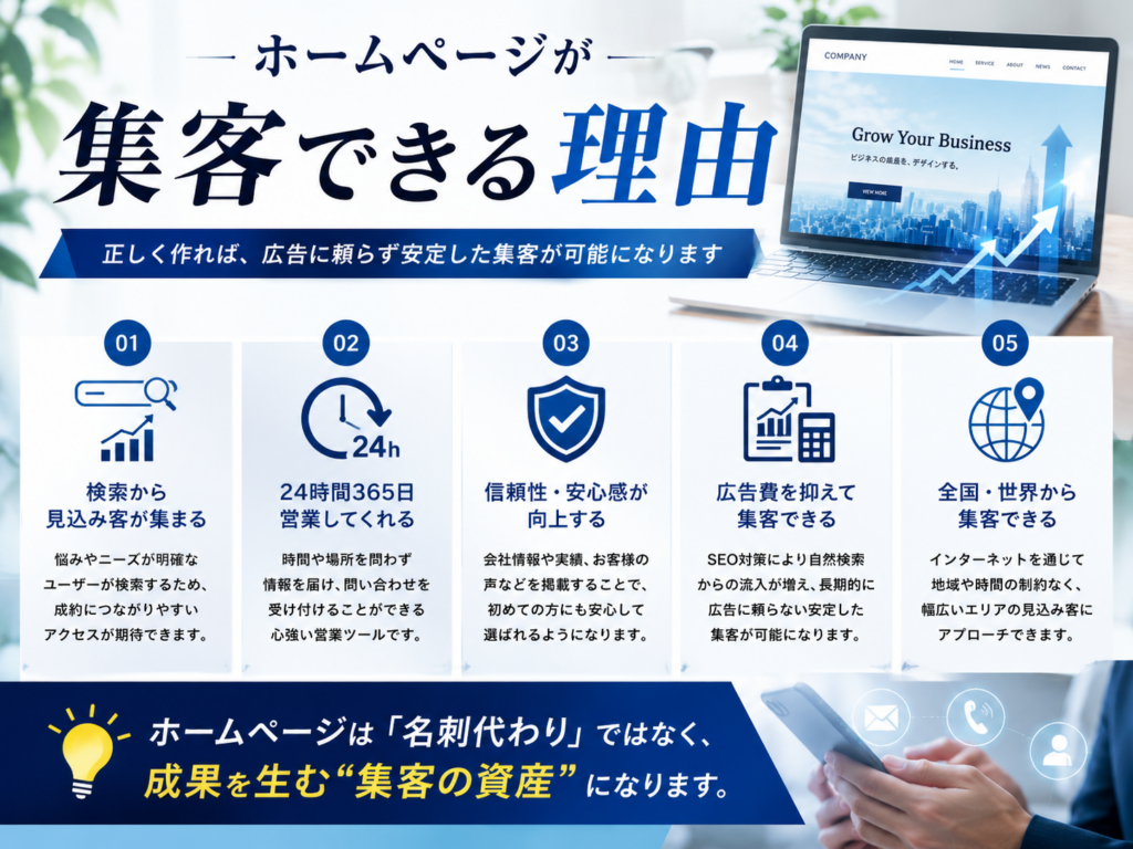 ホームページ制作で集客できる理由やSEO対策、広告に頼らず問い合わせを増やすホームページの仕組みを紹介
