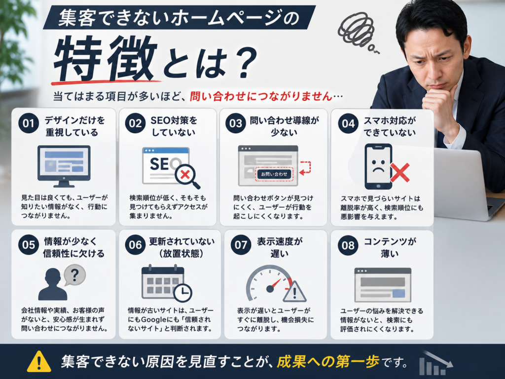 ホームページ制作で集客できない原因やSEO対策不足、問い合わせにつながらないホームページの特徴を紹介