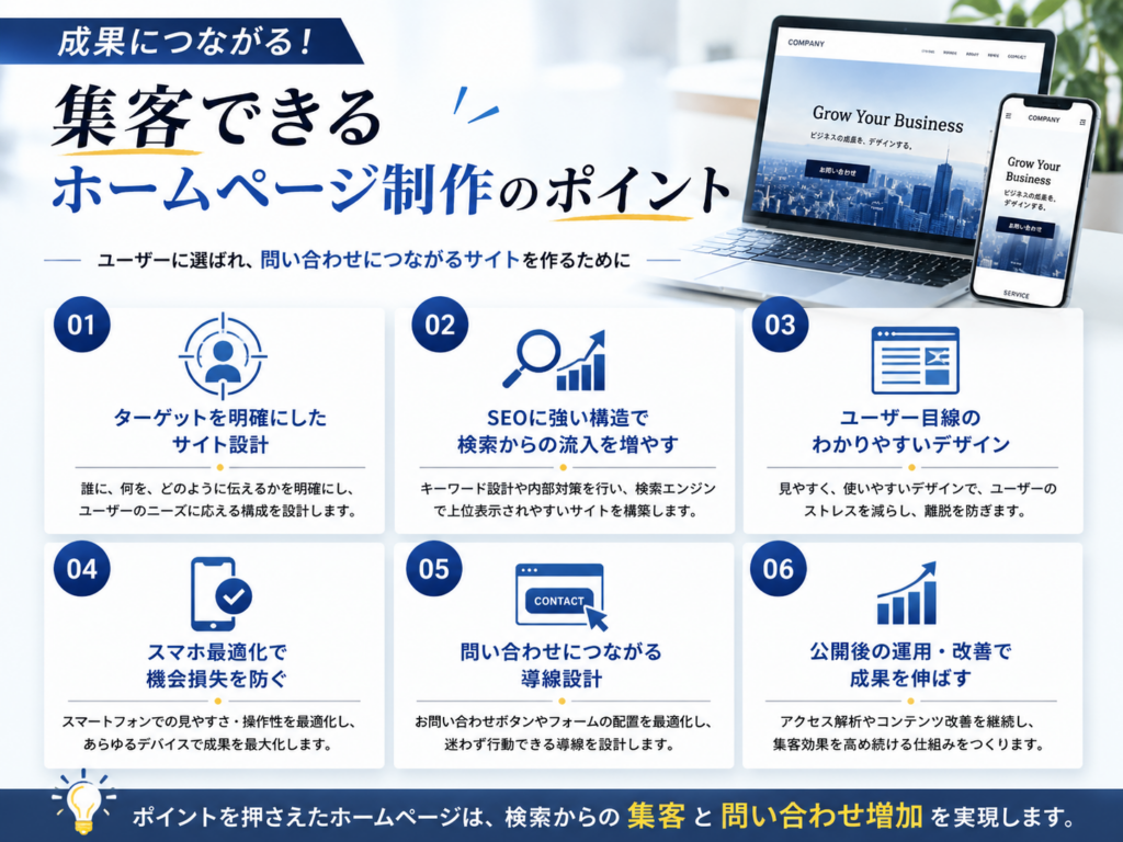 ホームページ制作で集客を成功させるためのSEO対策や問い合わせ導線、ユーザー目線のサイト設計を紹介