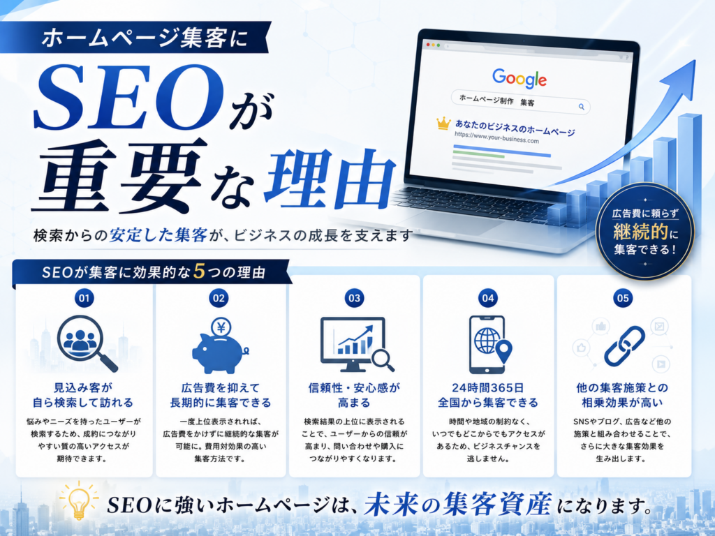 ホームページ制作でSEO対策が重要な理由やGoogle検索から集客し、問い合わせを増やす仕組みを紹介
