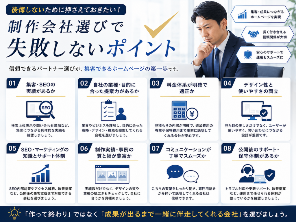 ホームページ制作会社の選び方やSEO対策、集客実績、公開後のサポート体制など失敗しないポイントを紹介