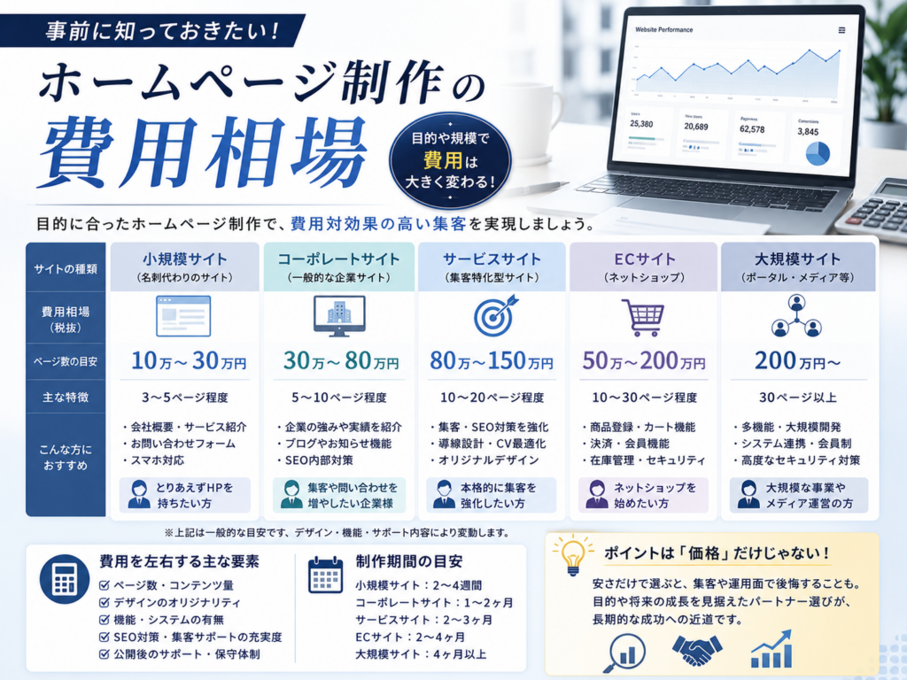 ホームページ制作の費用相場や料金の目安、小規模サイトからコーポレートサイトまでの価格帯を紹介