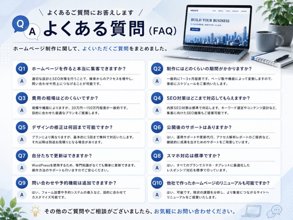 ホームページ制作のよくある質問(FAQ)として、費用相場やSEO対策、公開後の運用、ホームページ集客に関する疑問を解説