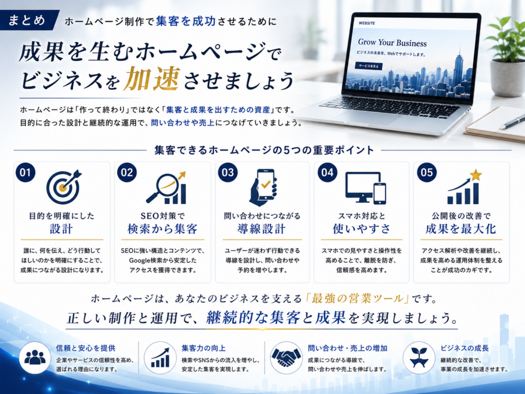 ホームページ制作で集客を成功させるためのSEO対策や問い合わせ導線、公開後の運用までをまとめ