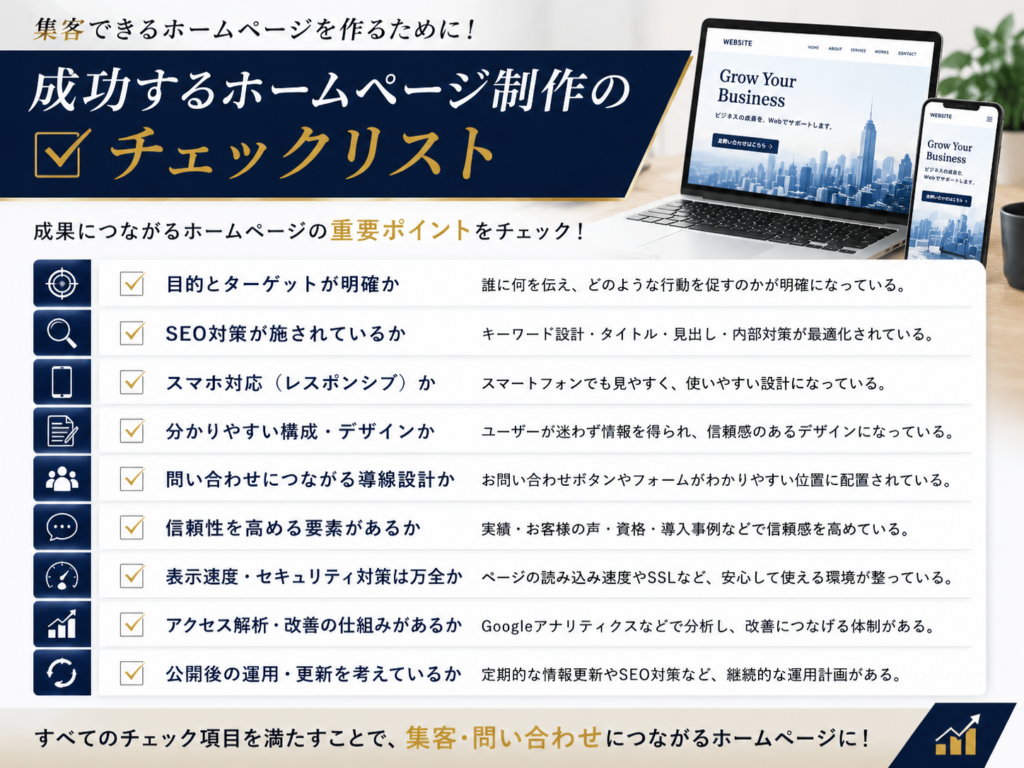 ホームページ制作で集客を成功させるためのチェックリストとして、SEO対策や問い合わせ導線、スマホ対応、公開後の運用まで確認