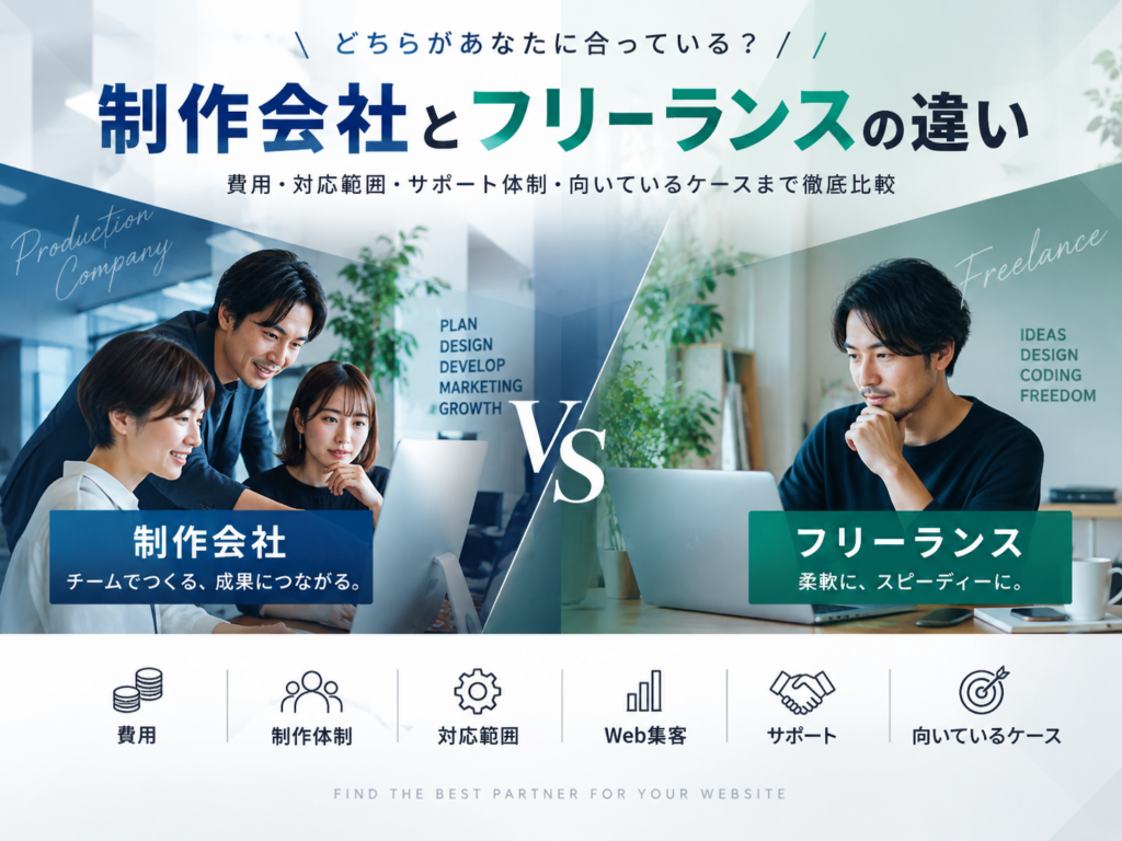 制作会社とフリーランスの違いを費用・制作体制・対応範囲・Web集客・サポートで比較