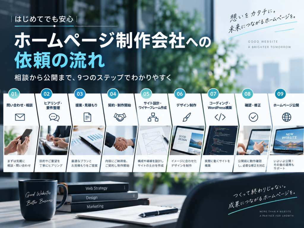 ホームページ制作会社への依頼の流れ|問い合わせ・見積もりから制作・公開までの9ステップ