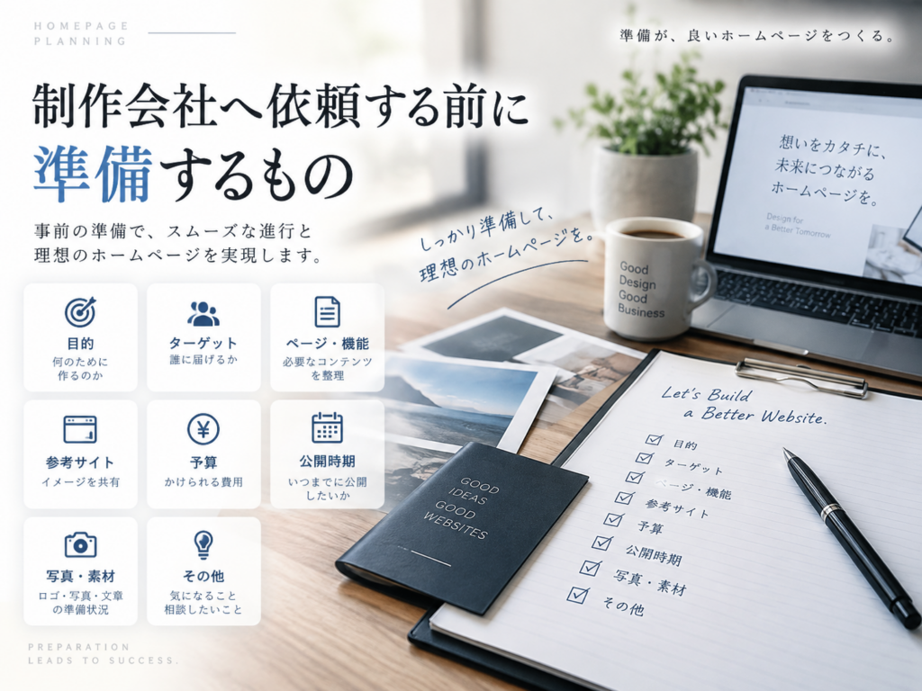 ホームページ制作会社へ依頼する前に準備する目的・ターゲット・予算・参考サイト・公開時期・写真素材