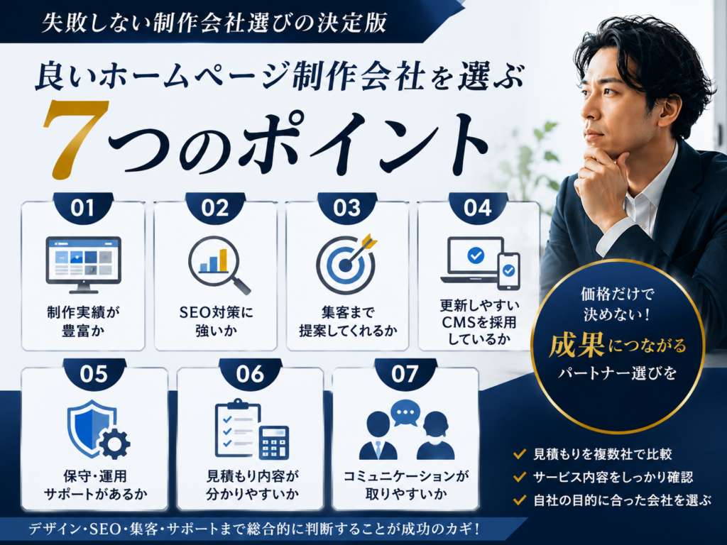 ホームページ制作会社を選ぶ7つのポイント｜見積もり・SEO対策・制作実績・WordPress・保守サポートを比較