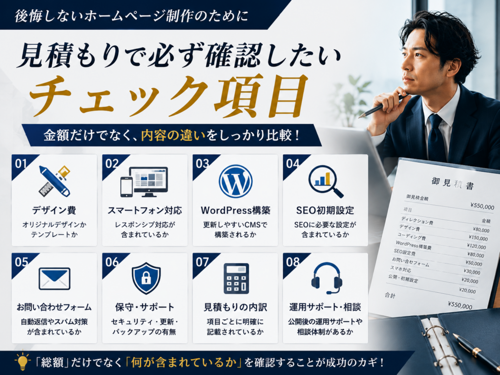 ホームページ制作会社の見積もりで確認したいチェック項目｜デザイン費・WordPress・SEO設定・保守サポートを比較