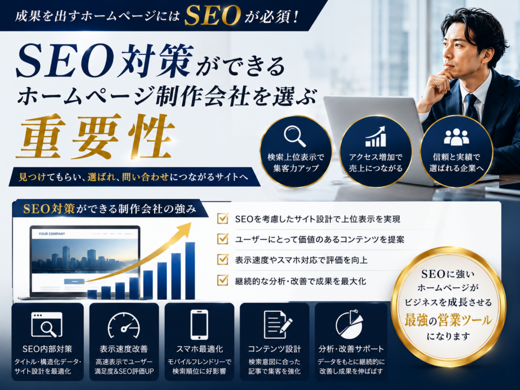 SEO対策ができるホームページ制作会社を選ぶ重要性｜内部SEO・表示速度・コンテンツ設計・検索順位向上で集客につなげるポイント
