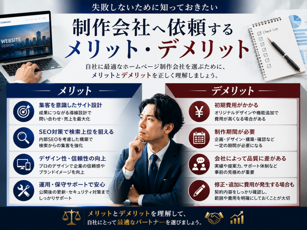 ホームページ制作会社へ依頼するメリット・デメリット｜SEO対策・集客・デザイン・保守サポート・費用を比較