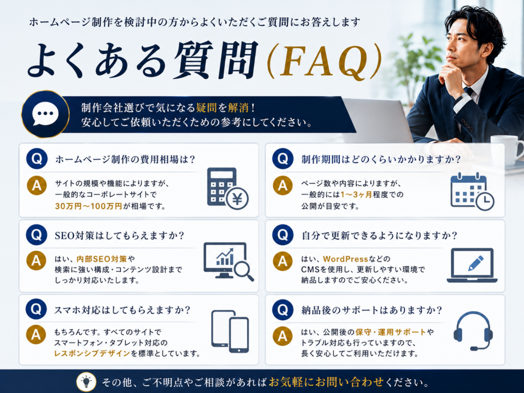 ホームページ制作会社のよくある質問（FAQ）｜見積もり・費用相場・SEO対策・WordPress・制作期間・保守サポートを解説