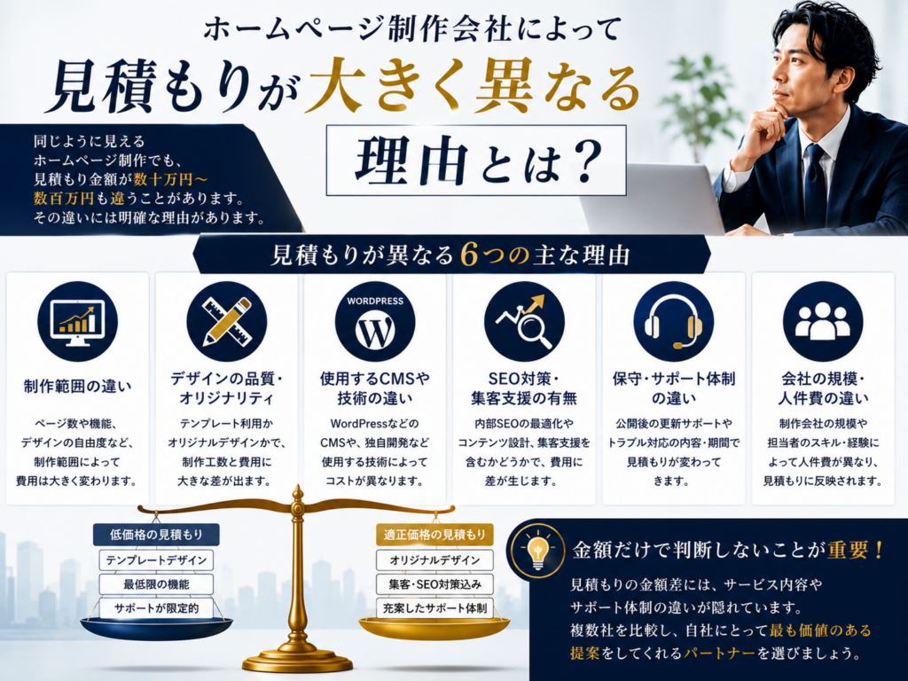 ホームページ制作会社によって見積もりが大きく異なる理由｜制作範囲・デザイン・SEO対策・WordPress・保守サポート・会社規模の違いを比較