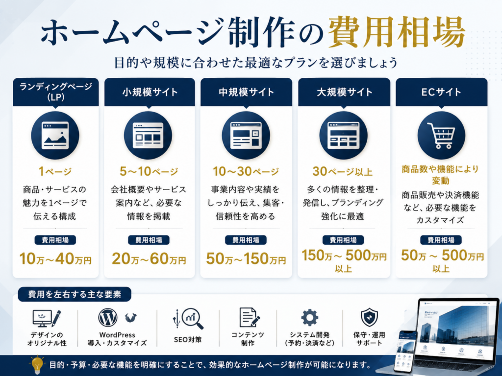 ホームページ制作の費用相場をホームページの種類別に比較し、LP・企業サイト・ECサイトの料金目安や費用を左右する要素を分かりやすく解説