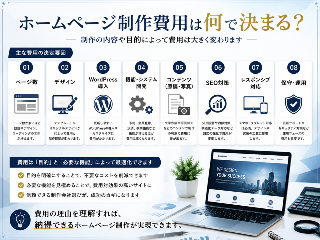 ホームページ制作費用が決まる要因をページ数・デザイン・WordPress・システム開発・コンテンツ制作・SEO対策・レスポンシブ対応・保守運用の8項目で分かりやすく解説
