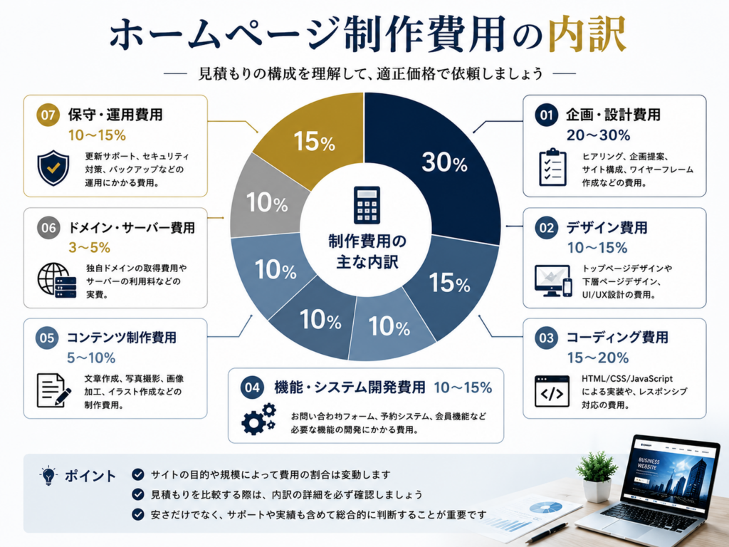 ホームページ制作費用の内訳を企画・設計、デザイン、コーディング、システム開発、コンテンツ制作、ドメイン・サーバー、保守・運用の項目ごとに分かりやすく解説