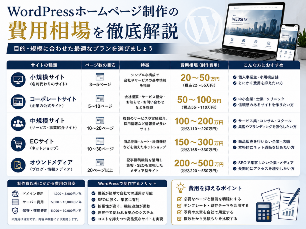 WordPressホームページ制作の費用相場をサイト規模別に比較し、小規模サイト・コーポレートサイト・ECサイト・オウンドメディアの料金目安や特徴、WordPressで制作するメリットを分かりやすく解説