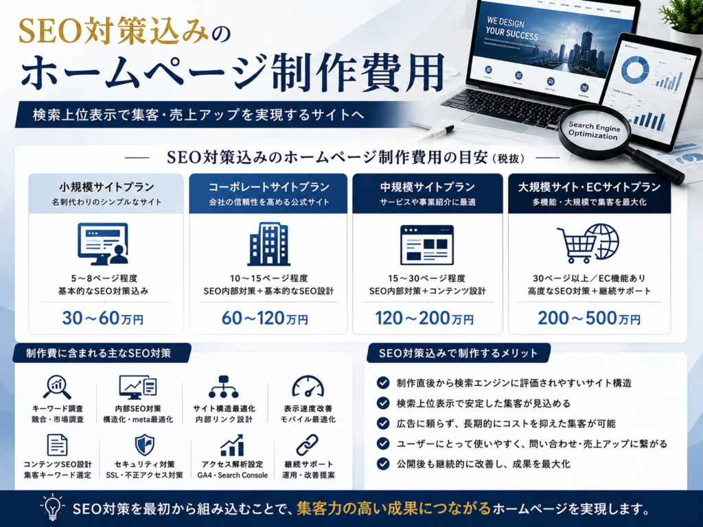SEO対策込みのホームページ制作費用の相場をサイト規模別に比較し、内部SEO対策・コンテンツSEO・表示速度改善・アクセス解析・継続運用など制作費に含まれるSEO施策を分かりやすく解説